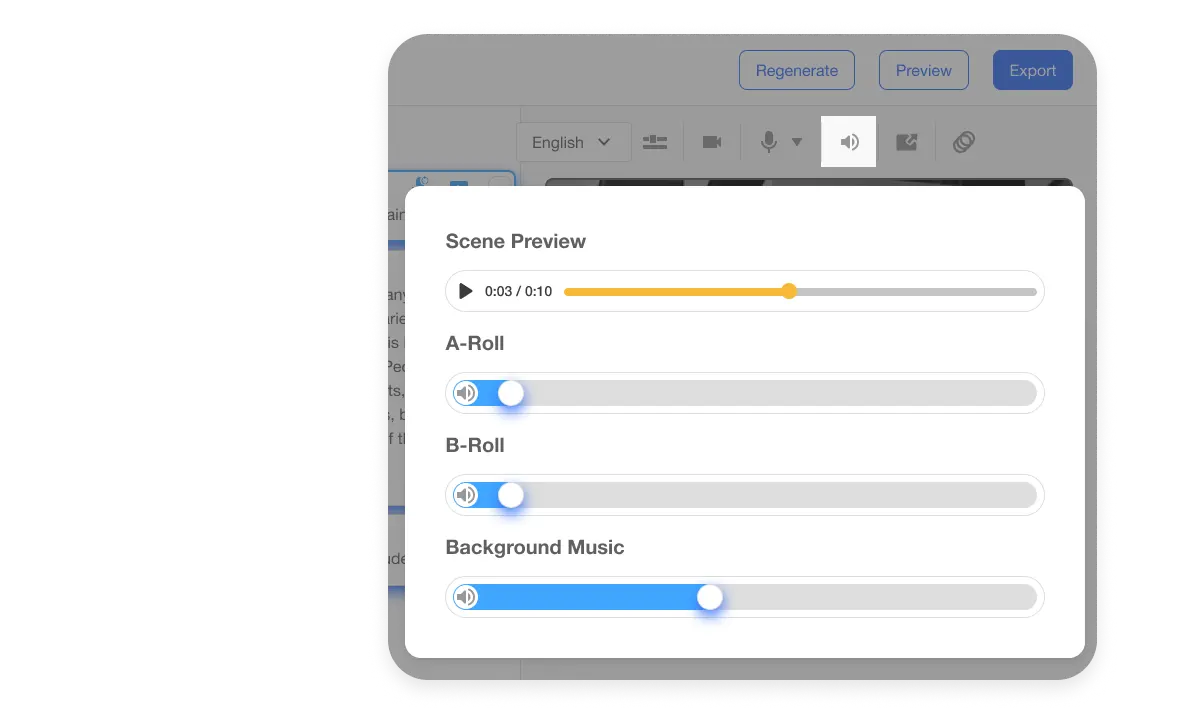 AI Voice Over adjust volume levels with scene-by-scene and project-wide audio control for voiceovers, music, and b-roll in video content.